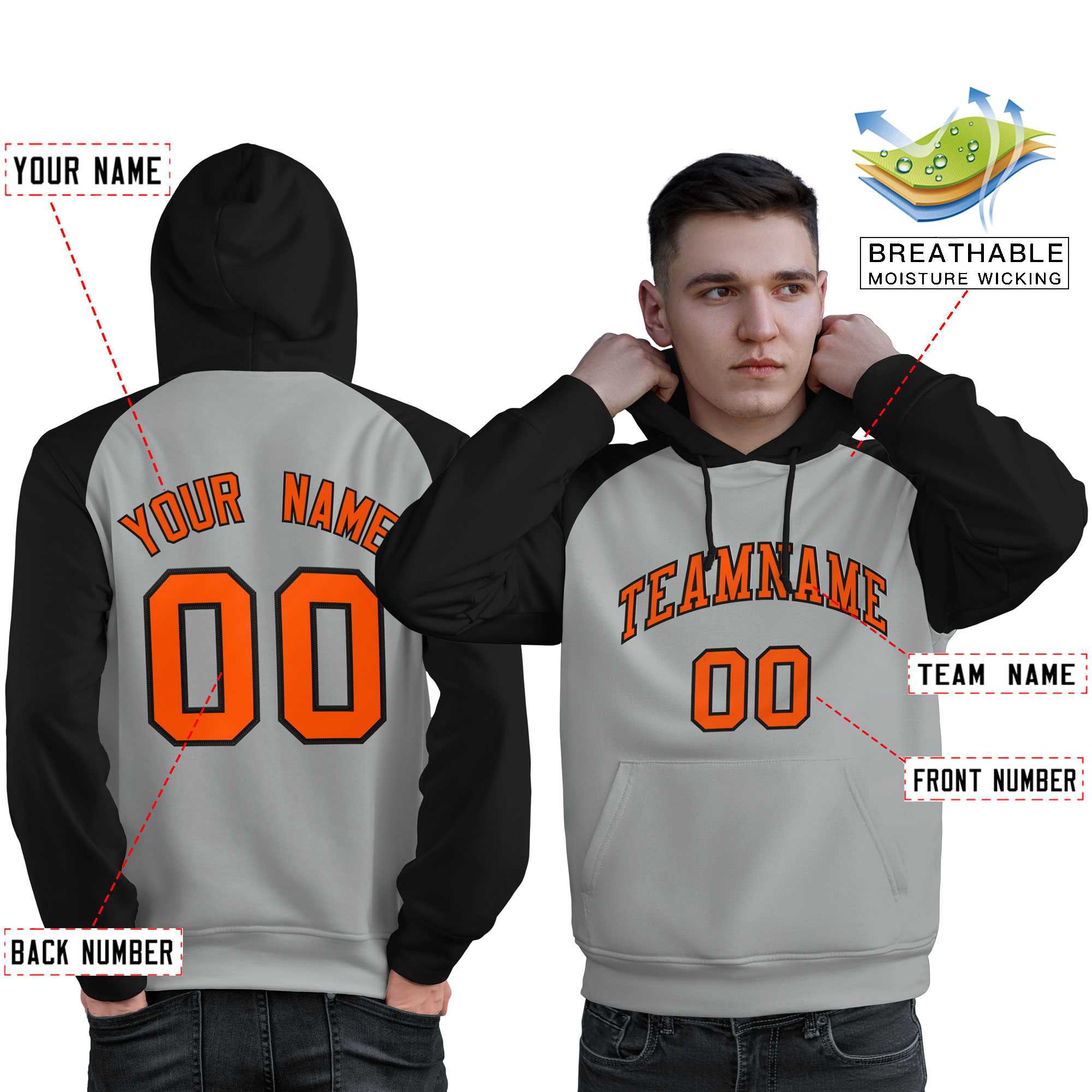 Custom Stitched Gray Black-Orange Raglan Sleeves Sports Pullover Sweatshirt Hoodie For Men