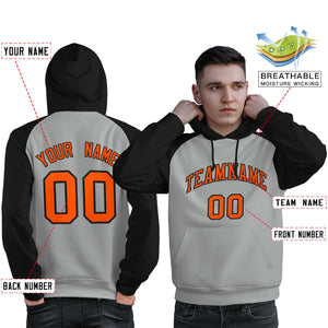 Custom Stitched Gray Black-Orange Raglan Sleeves Sports Pullover Sweatshirt Hoodie For Men