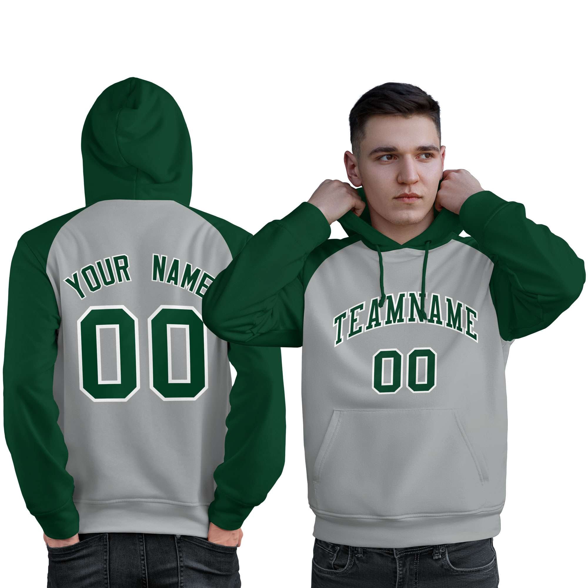 Custom Stitched Gray Green Raglan Sleeves Sports Pullover Sweatshirt Hoodie For Men