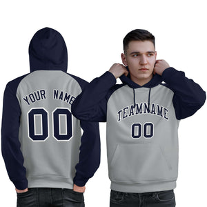 Custom Stitched Gray Navy Raglan Sleeves Sports Pullover Sweatshirt Hoodie For Men