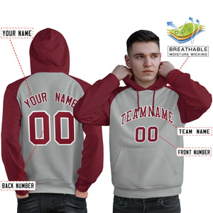 Custom Stitched Gray Crimson Raglan Sleeves Sports Pullover Sweatshirt Hoodie For Men