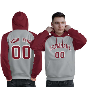 Custom Stitched Gray Crimson Raglan Sleeves Sports Pullover Sweatshirt Hoodie For Men