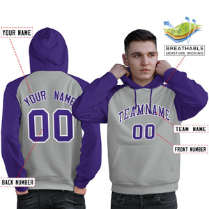 Custom Stitched Gray Purple Raglan Sleeves Sports Pullover Sweatshirt Hoodie For Men