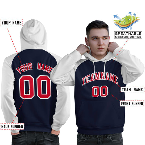 Custom Stitched Navy White-Red Raglan Sleeves Sports Pullover Sweatshirt Hoodie For Men