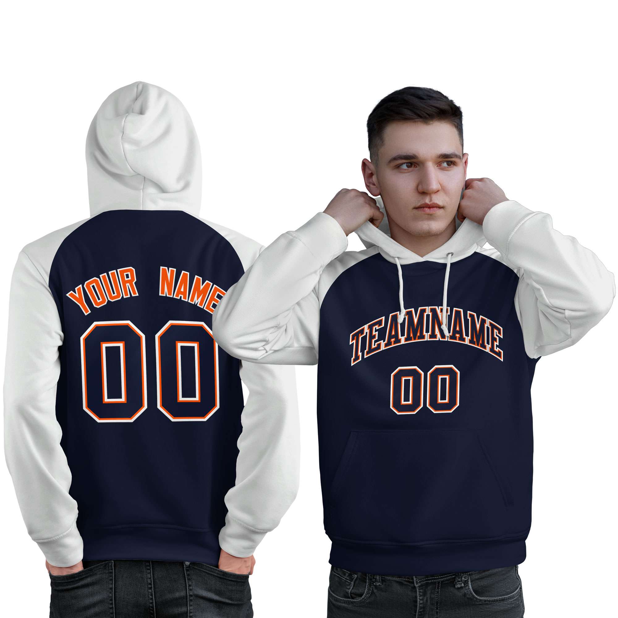 Custom Stitched Navy White Raglan Sleeves Sports Pullover Sweatshirt Hoodie For Men