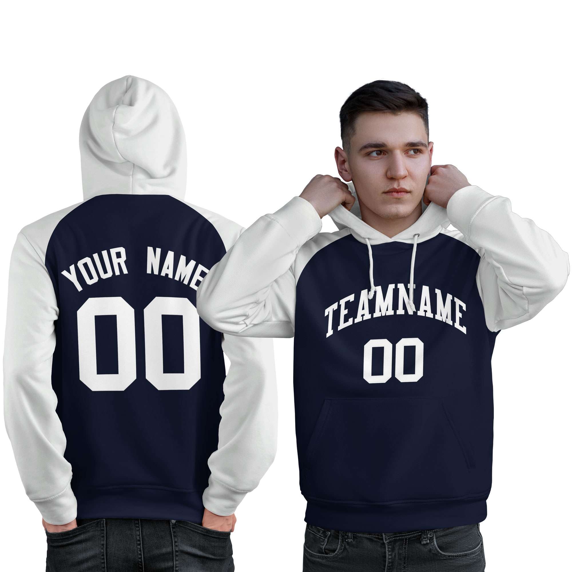 Custom Stitched Navy White Raglan Sleeves Sports Pullover Sweatshirt Hoodie For Men