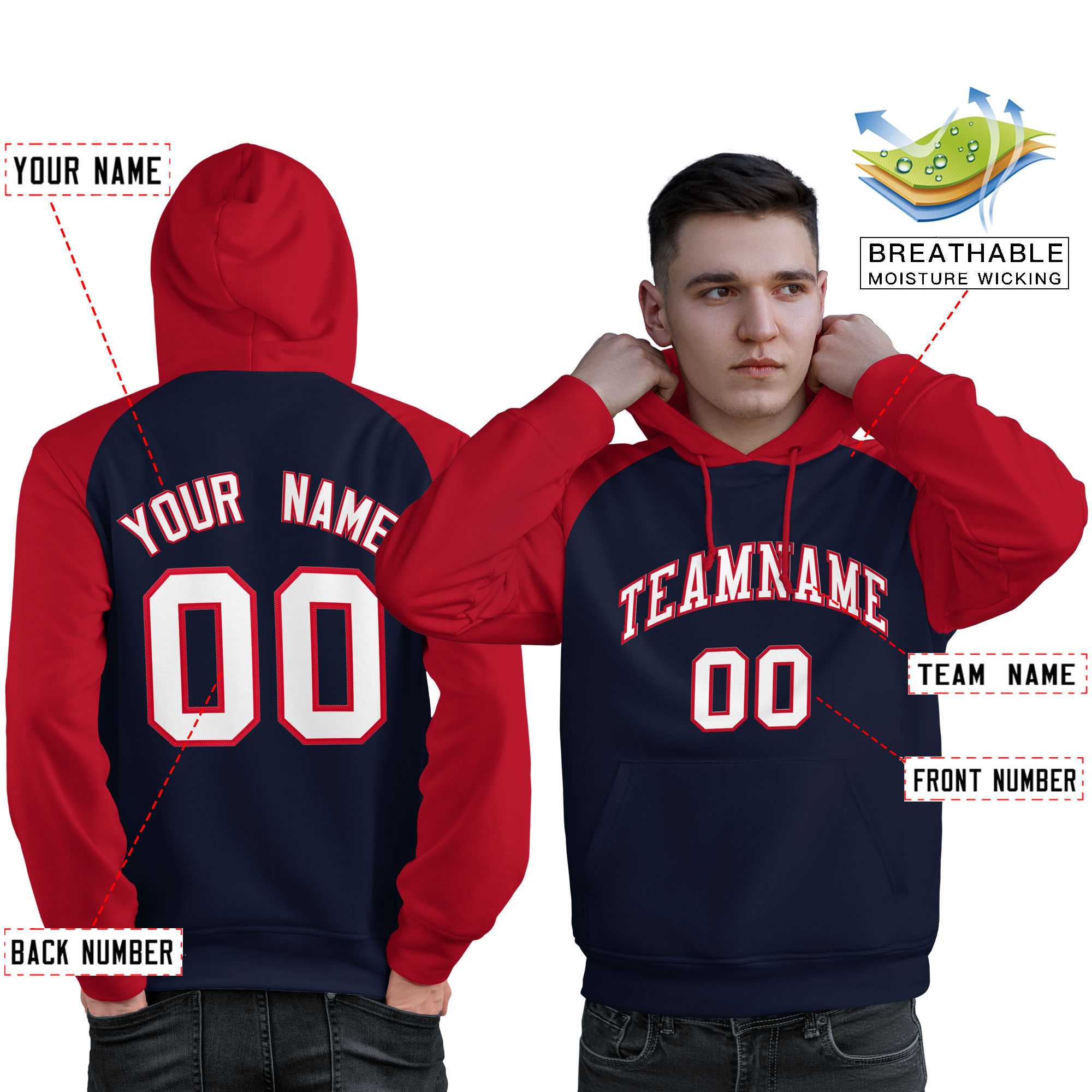 Custom Stitched Navy Red-White Raglan Sleeves Sports Pullover Sweatshirt Hoodie For Men