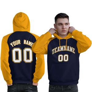 Custom Stitched Navy Gold-White Raglan Sleeves Sports Pullover Sweatshirt Hoodie For Men