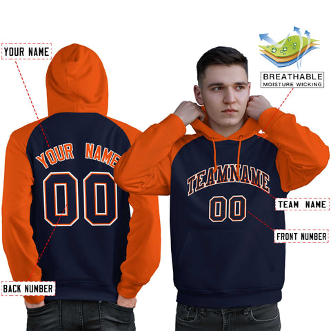 Custom Stitched Navy Orange Raglan Sleeves Sports Pullover Sweatshirt Hoodie For Men