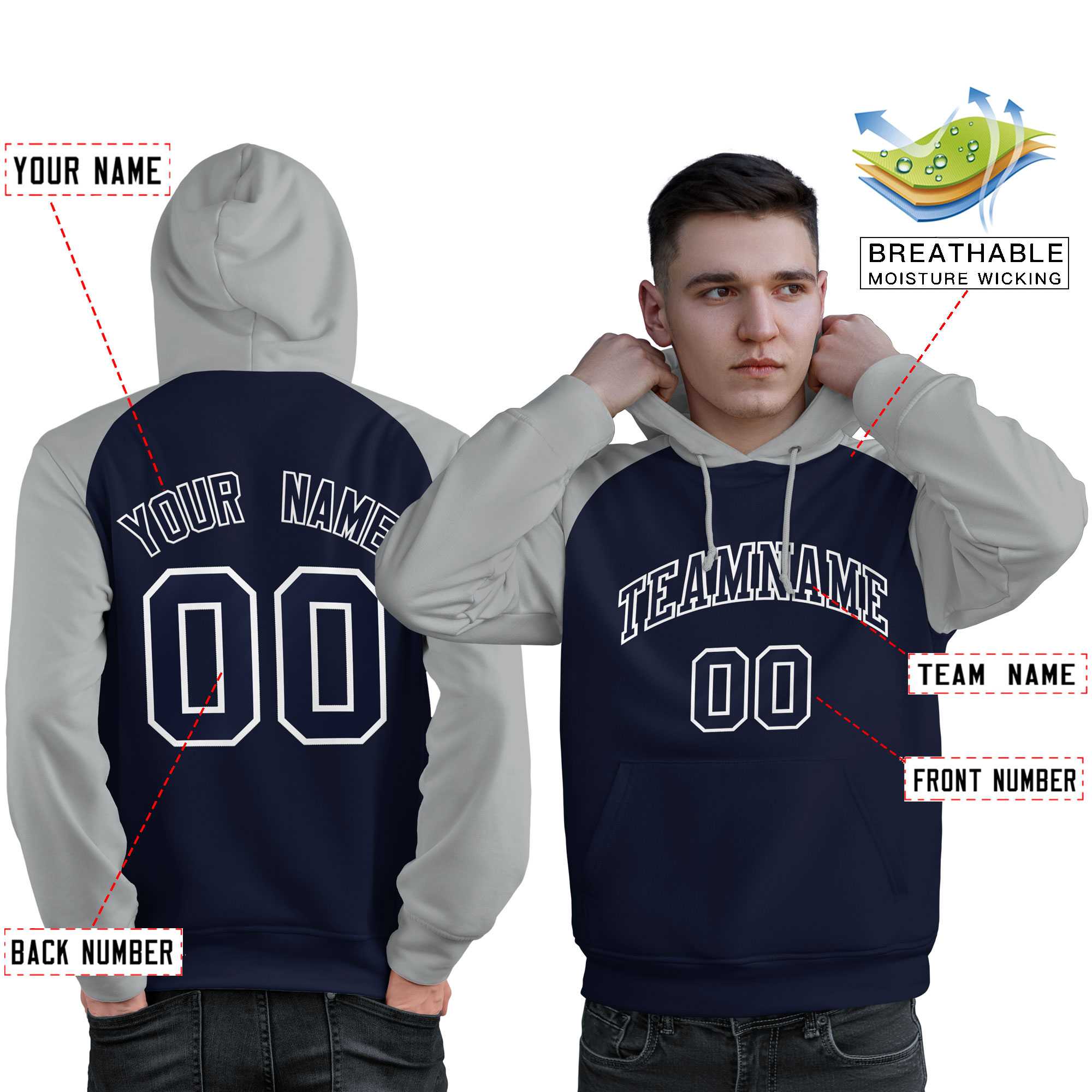 Custom Stitched Navy Gray Raglan Sleeves Sports Pullover Sweatshirt Hoodie For Men