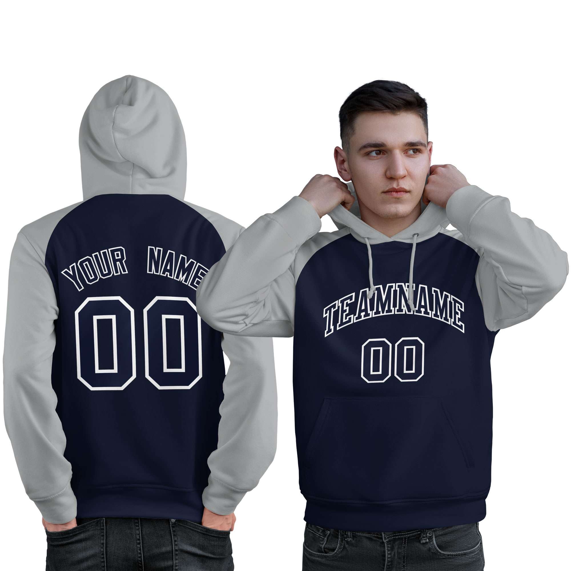 Custom Stitched Navy Gray Raglan Sleeves Sports Pullover Sweatshirt Hoodie For Men