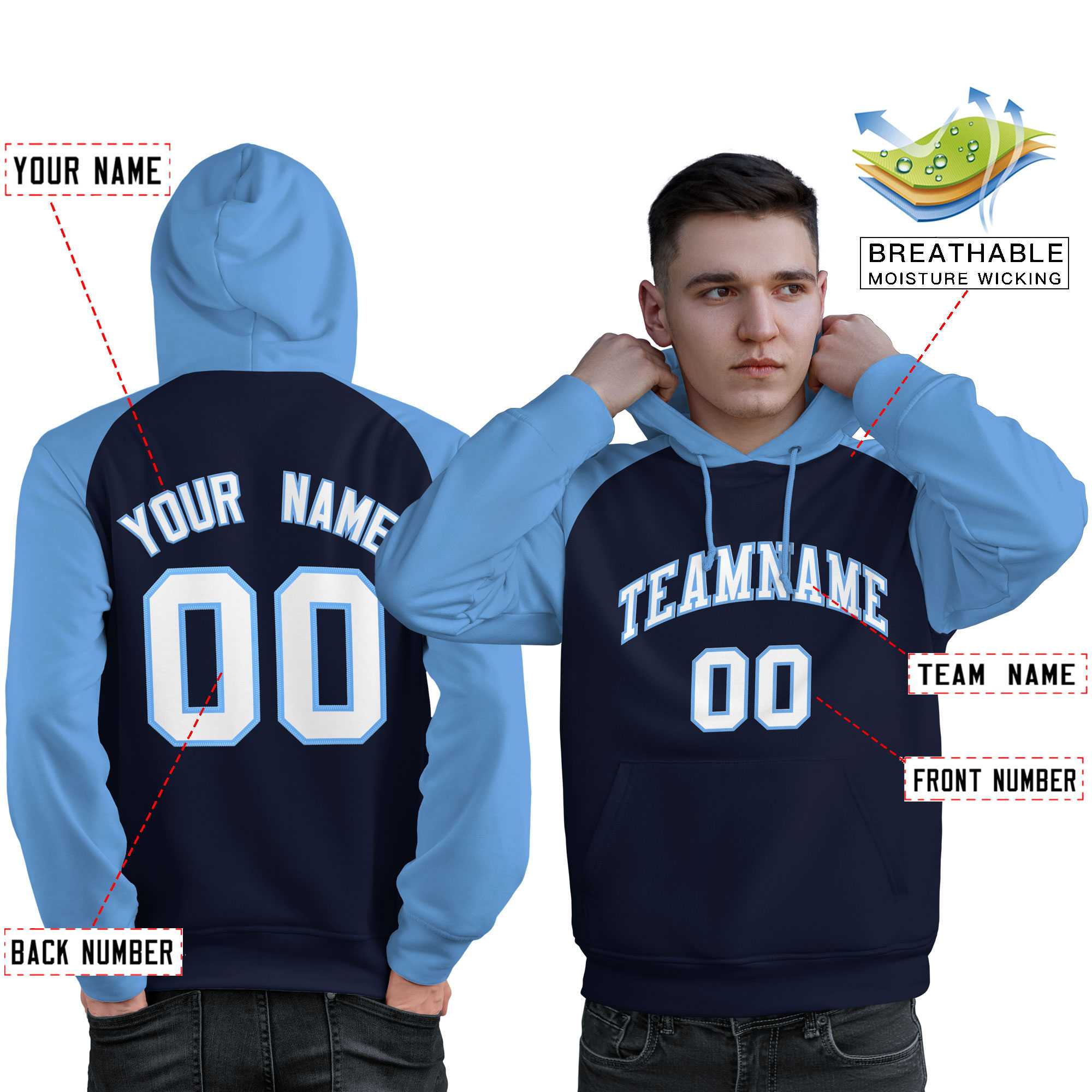 Custom Stitched Navy Powder Blue-White Raglan Sleeves Sports Pullover Sweatshirt Hoodie For Men