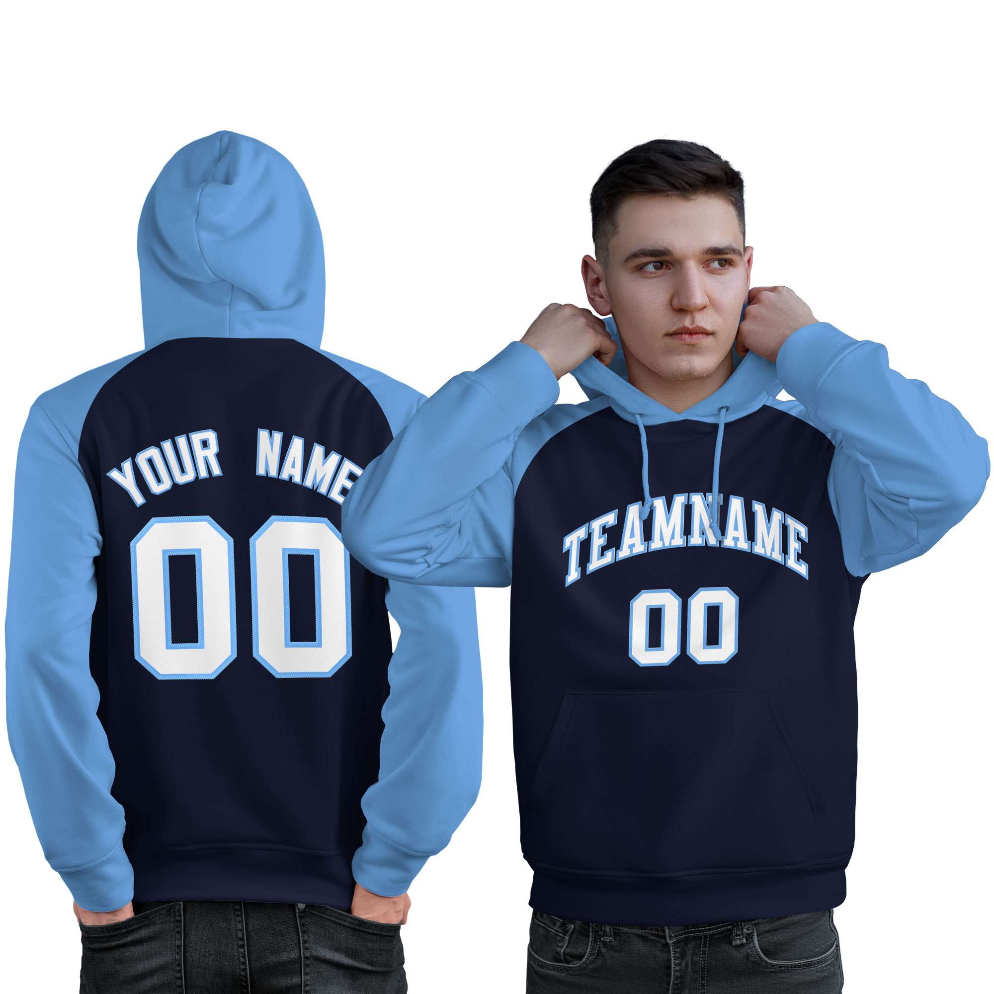 Custom Stitched Navy Powder Blue-White Raglan Sleeves Sports Pullover Sweatshirt Hoodie For Men