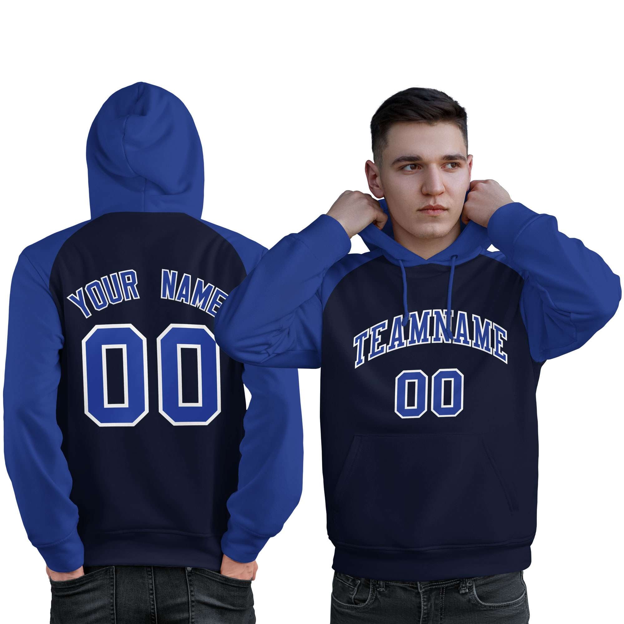 Custom Stitched Navy Royal Raglan Sleeves Sports Pullover Sweatshirt Hoodie For Men