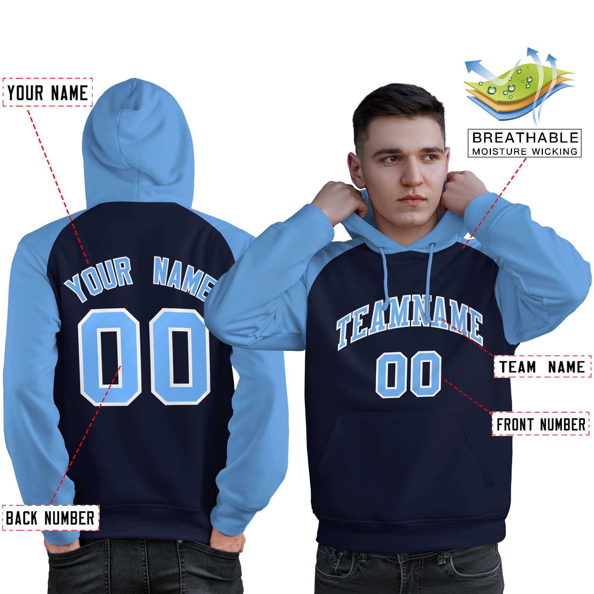 Custom Stitched Navy Powder Blue Raglan Sleeves Sports Pullover Sweatshirt Hoodie For Men