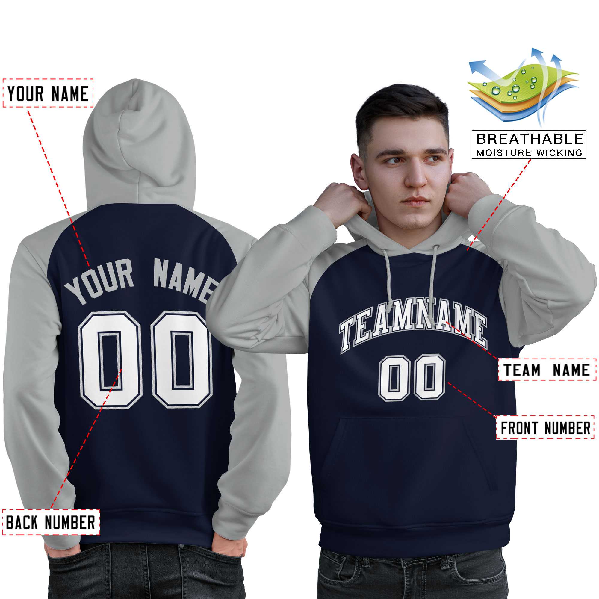 Custom Stitched Navy Gray-White Raglan Sleeves Sports Pullover Sweatshirt Hoodie For Men