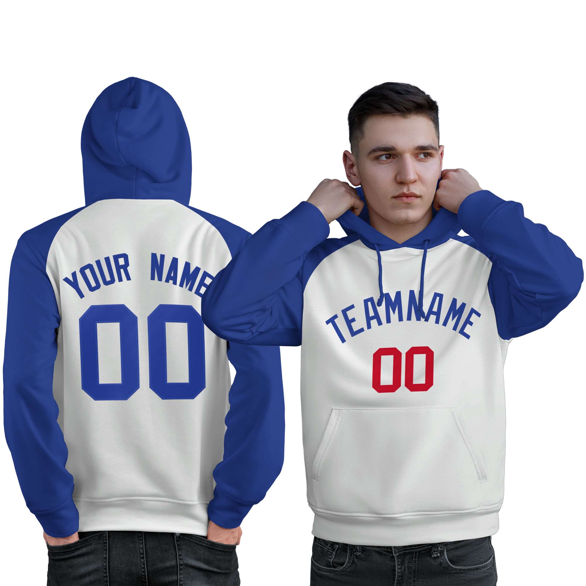 Custom Stitched White Royal Raglan Sleeves Sports Pullover Sweatshirt Hoodie For Men