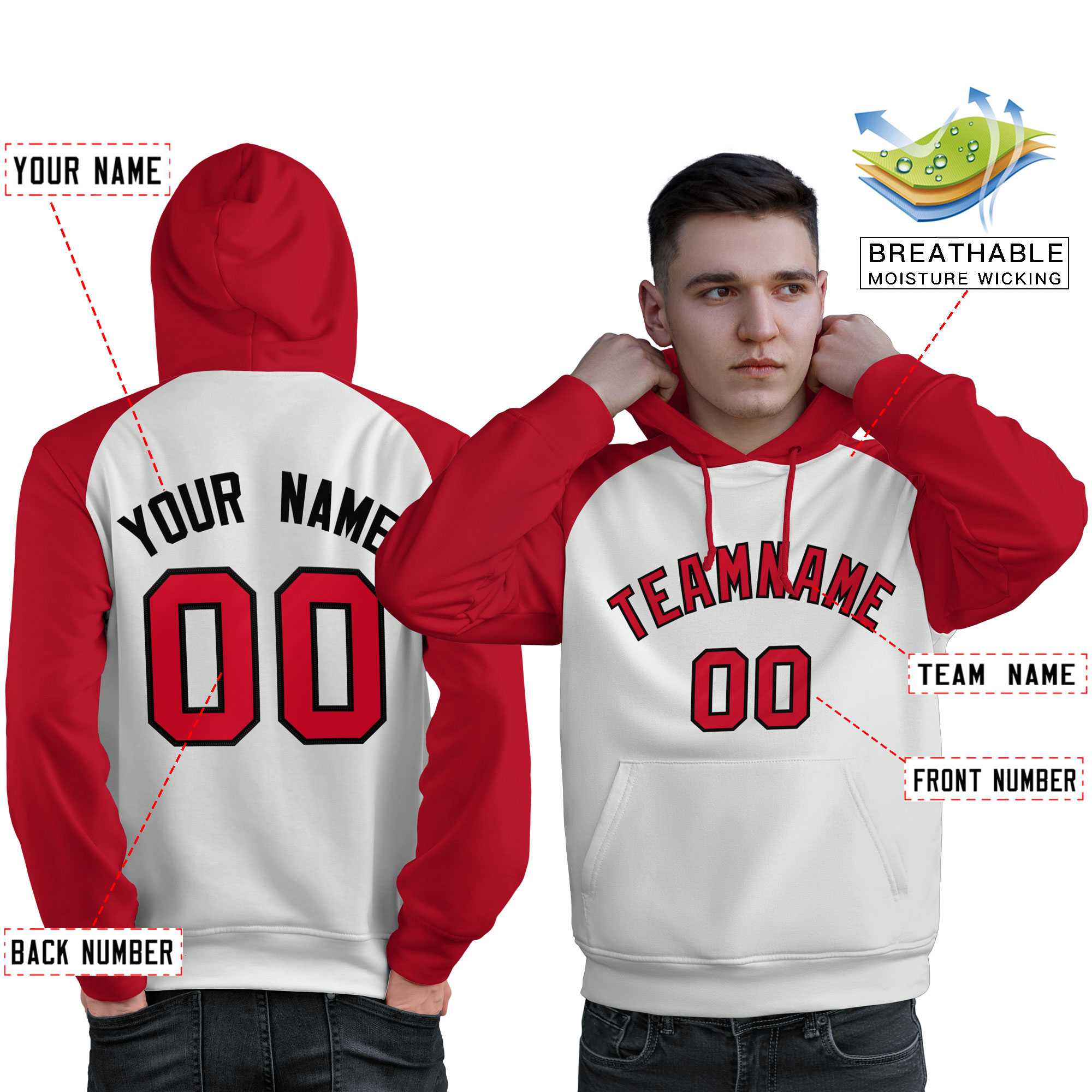 Custom Stitched White Red Raglan Sleeves Sports Pullover Sweatshirt Hoodie For Men