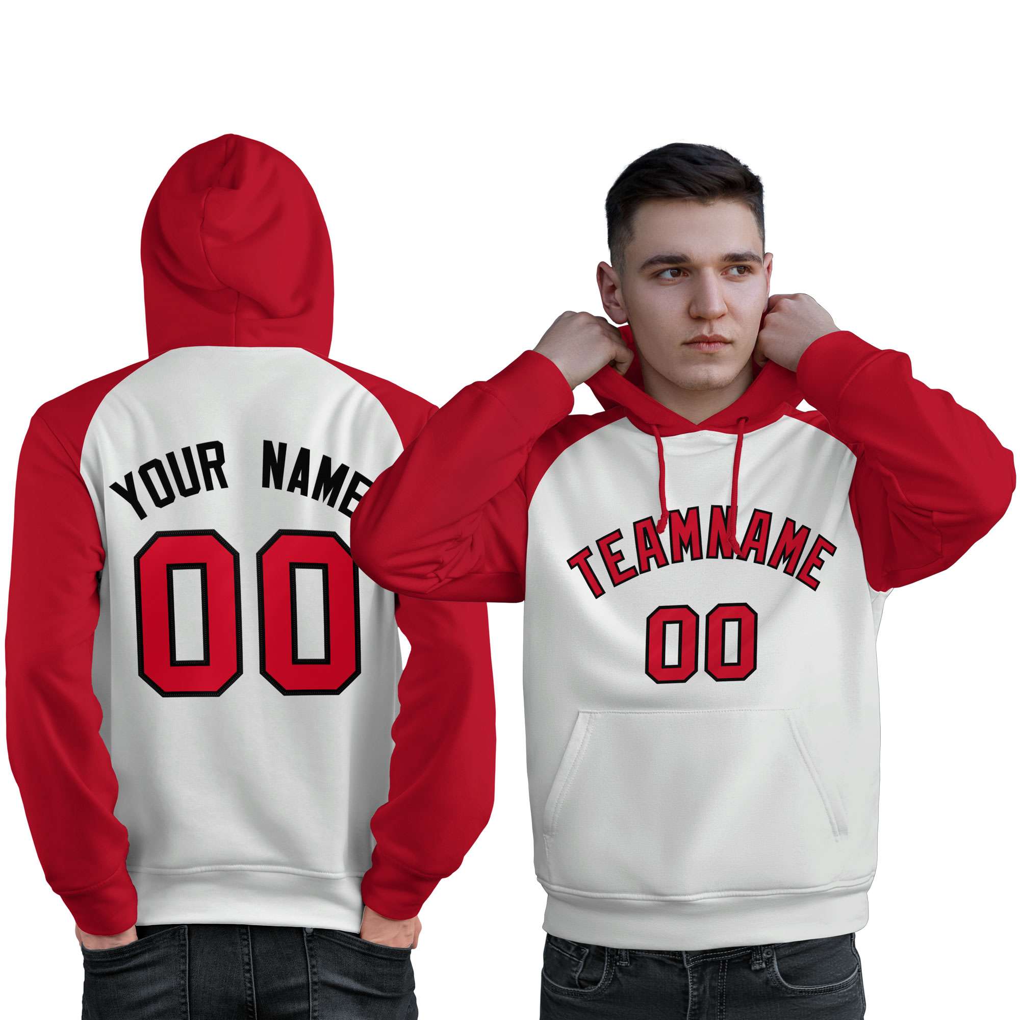 Custom Stitched White Red Raglan Sleeves Sports Pullover Sweatshirt Hoodie For Men