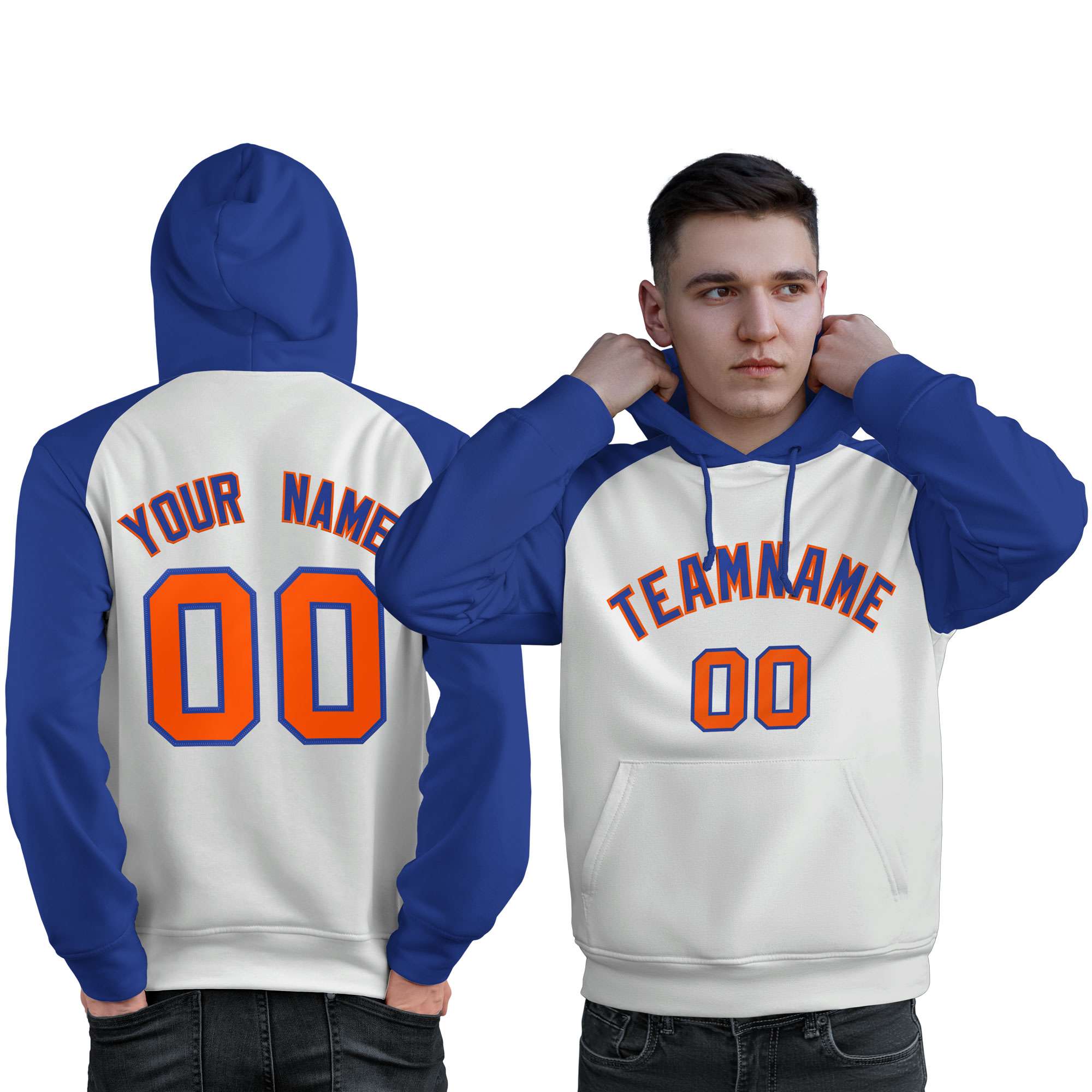 Custom Stitched White Royal Raglan Sleeves Sports Pullover Sweatshirt Hoodie For Men