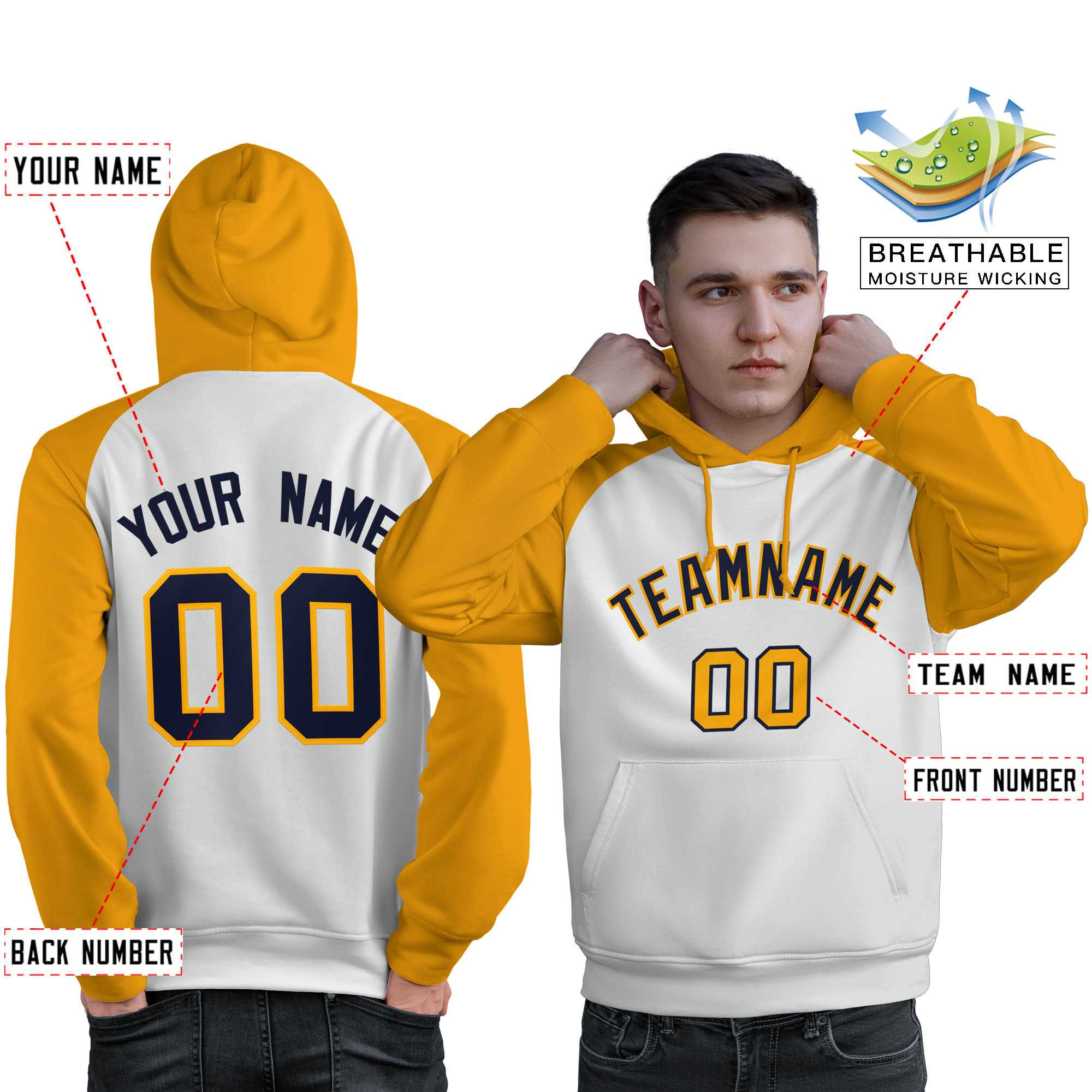 Custom Stitched White Gold-Navy Raglan Sleeves Sports Pullover Sweatshirt Hoodie For Men