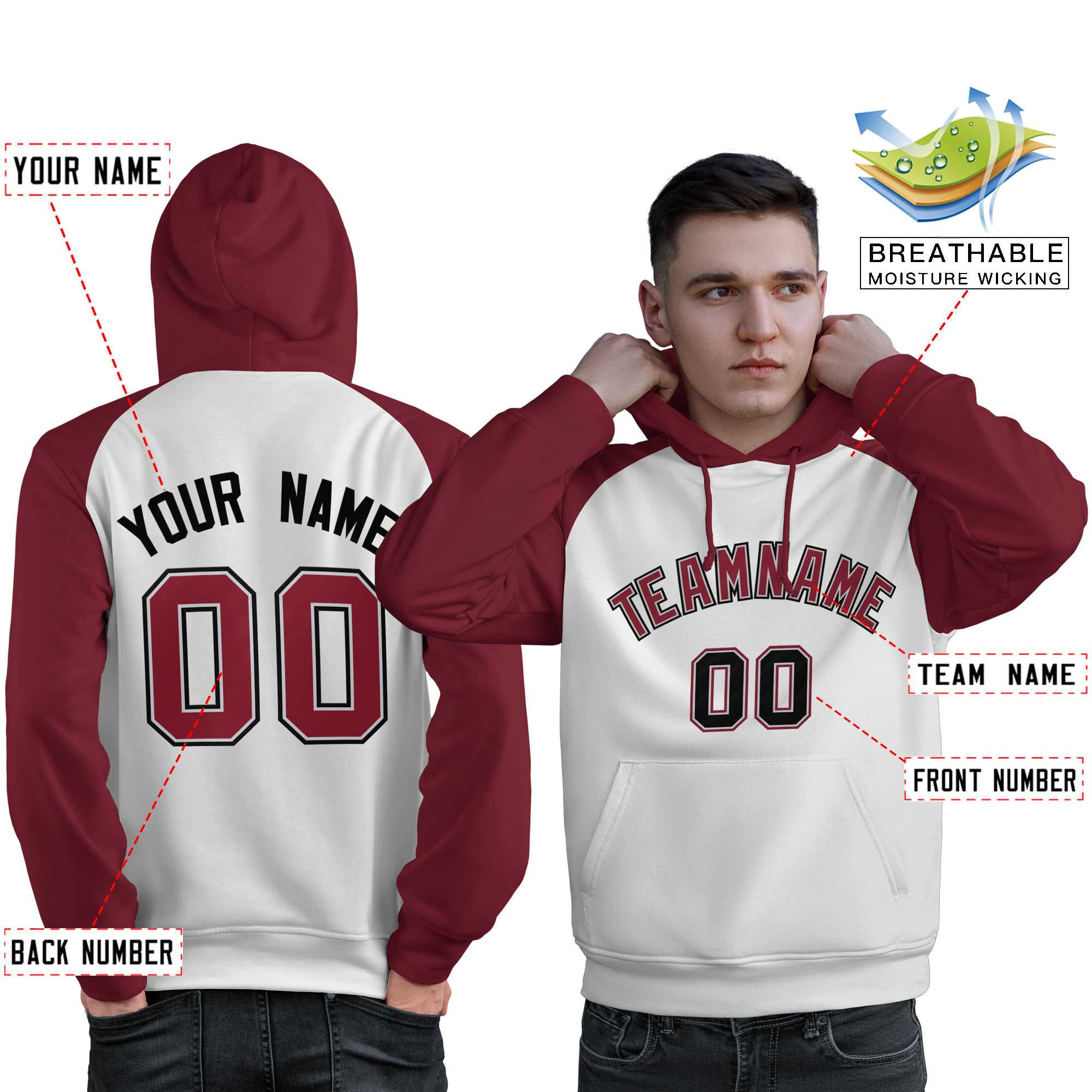 Custom Stitched White Crimson Raglan Sleeves Sports Pullover Sweatshirt Hoodie For Men