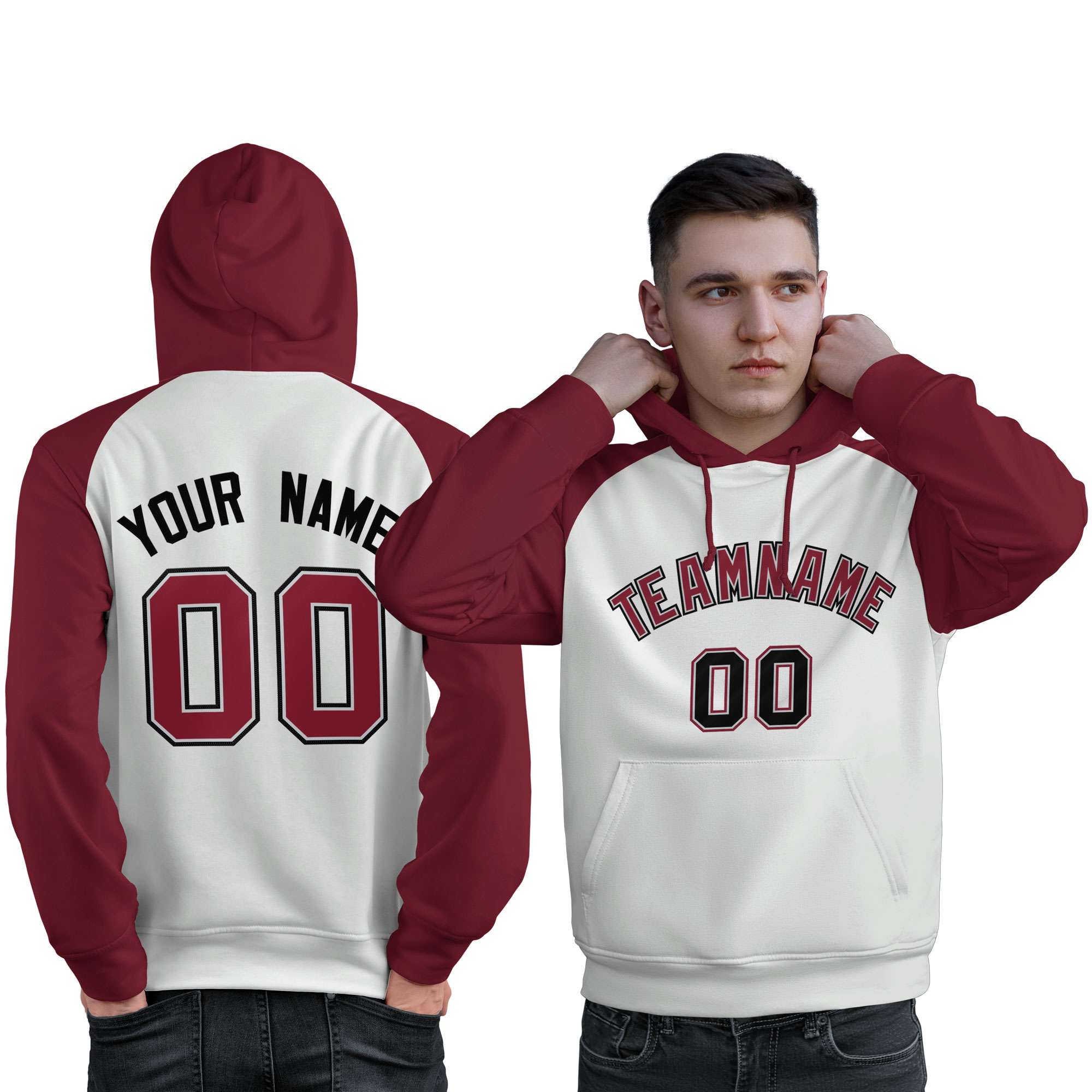 Custom Stitched White Crimson Raglan Sleeves Sports Pullover Sweatshirt Hoodie For Men