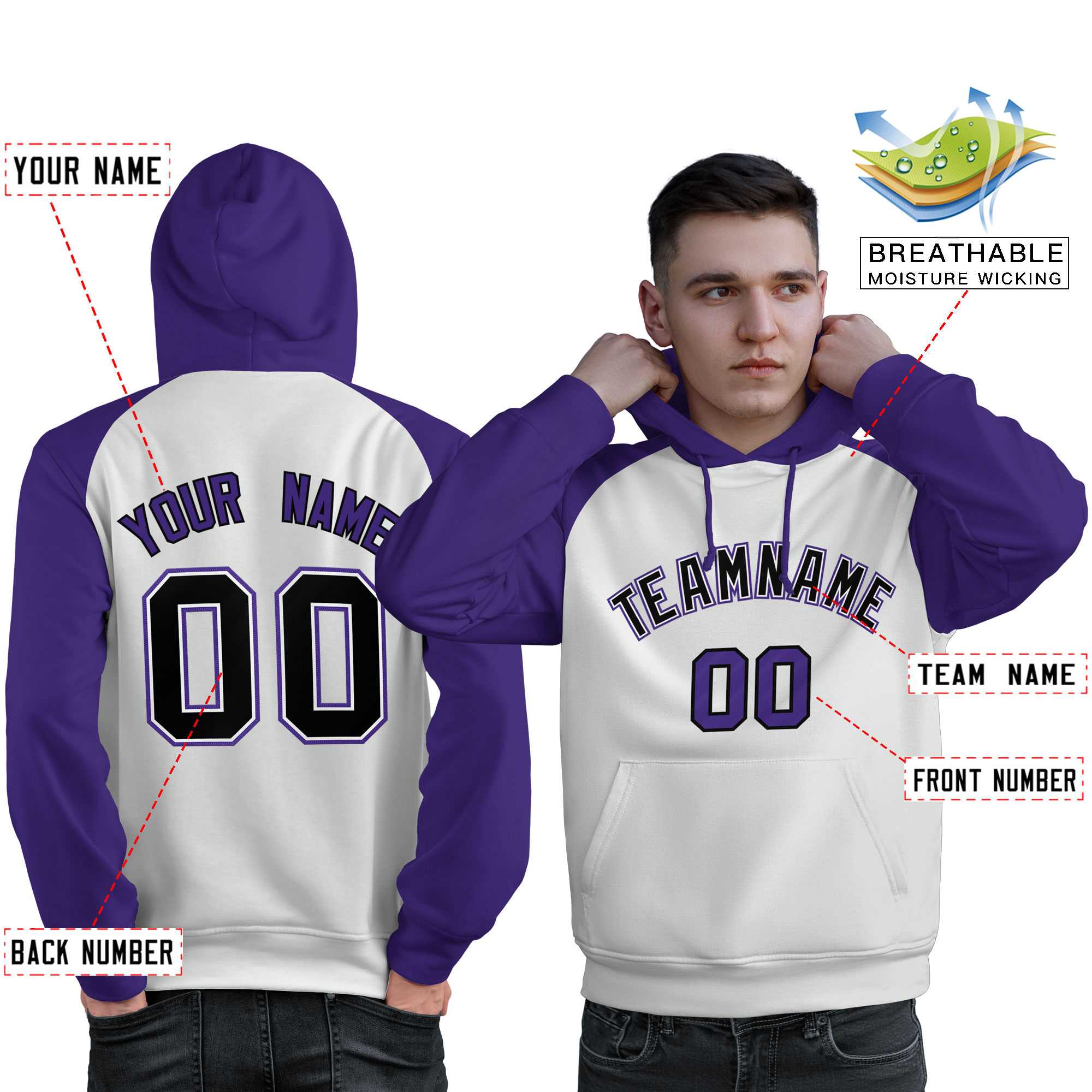 Custom Stitched White Purple-Black Raglan Sleeves Sports Pullover Sweatshirt Hoodie For Men