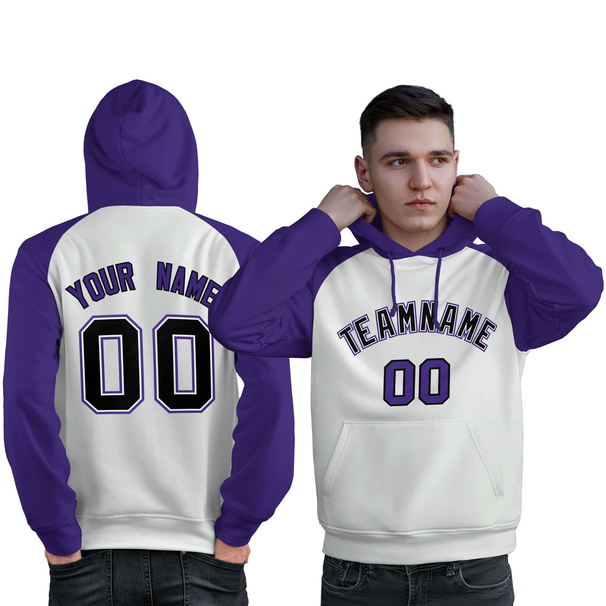 Custom Stitched White Purple-Black Raglan Sleeves Sports Pullover Sweatshirt Hoodie For Men