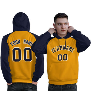 Custom Stitched Gold Navy Raglan Sleeves Sports Pullover Sweatshirt Hoodie For Men