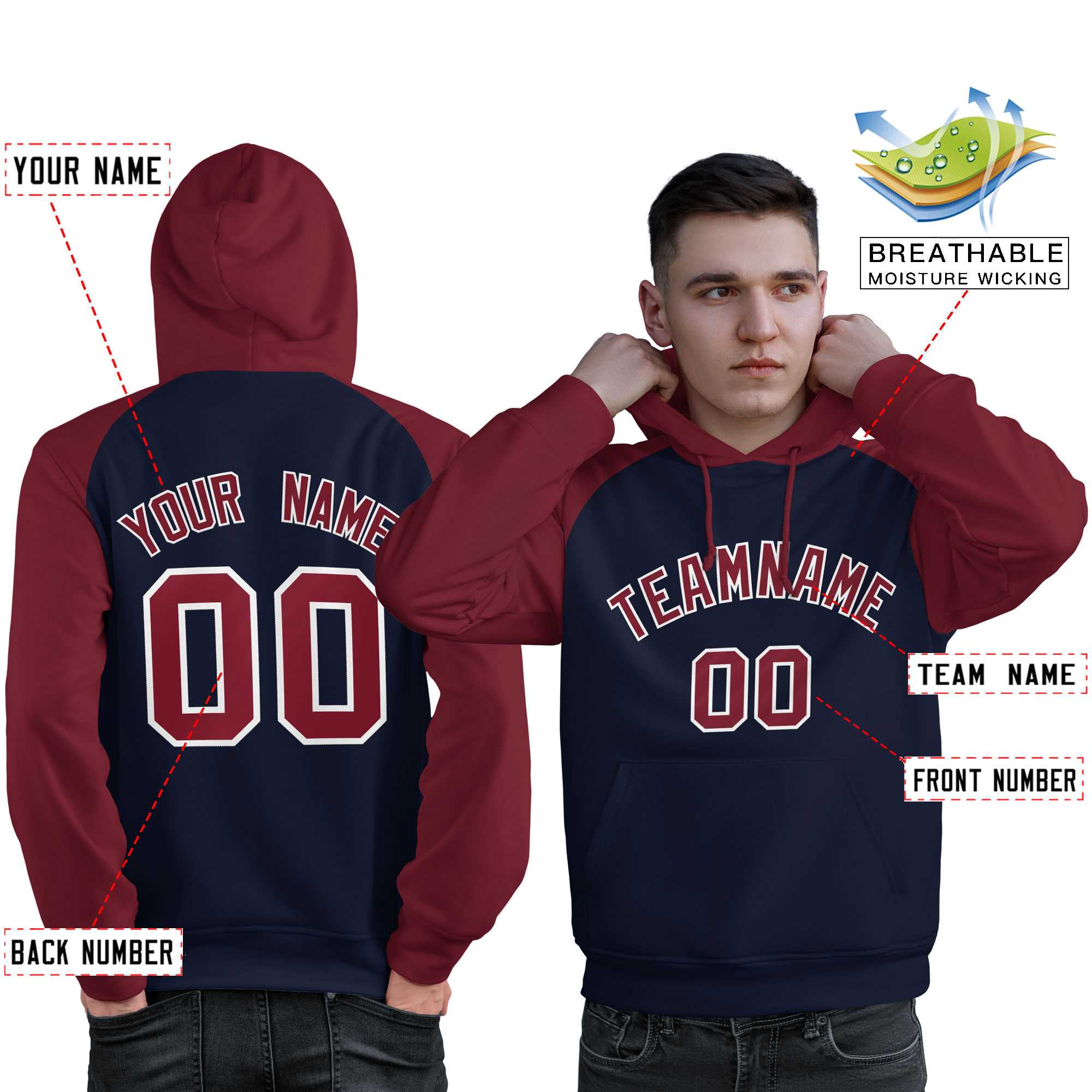 Custom Stitched Navy Crimson Raglan Sleeves Sports Pullover Sweatshirt Hoodie For Men