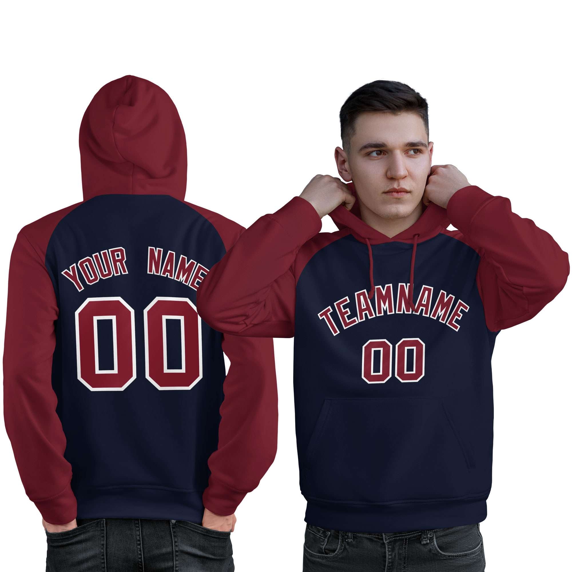 Custom Stitched Navy Crimson Raglan Sleeves Sports Pullover Sweatshirt Hoodie For Men