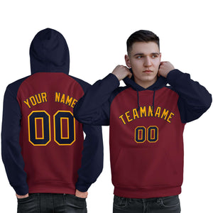 Custom Stitched Crimson Navy-Gold Raglan Sleeves Sports Pullover Sweatshirt Hoodie For Men