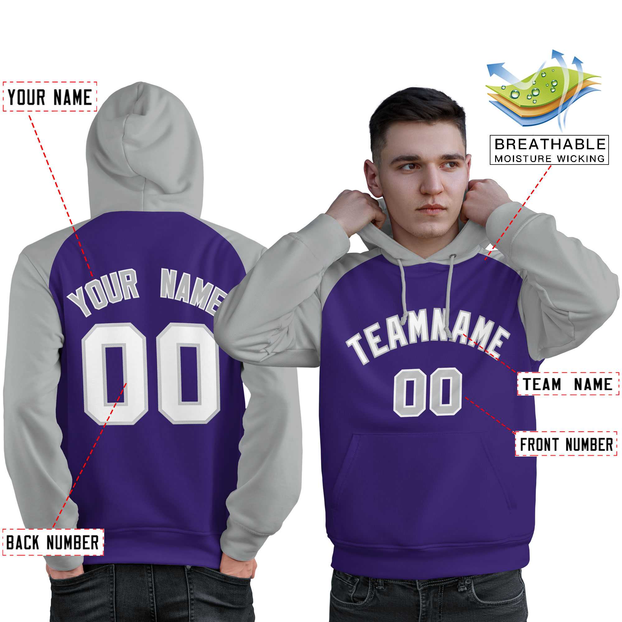 Custom Stitched Purple Gray-White Raglan Sleeves Sports Pullover Sweatshirt Hoodie For Men