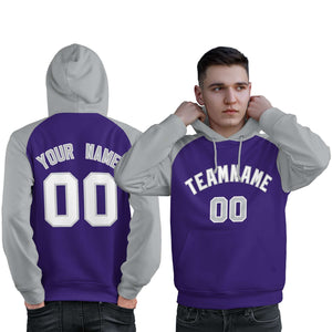 Custom Stitched Purple Gray-White Raglan Sleeves Sports Pullover Sweatshirt Hoodie For Men