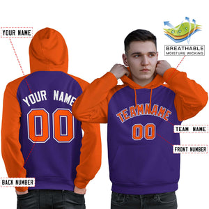 Custom Stitched Purple Orange Raglan Sleeves Sports Pullover Sweatshirt Hoodie For Men