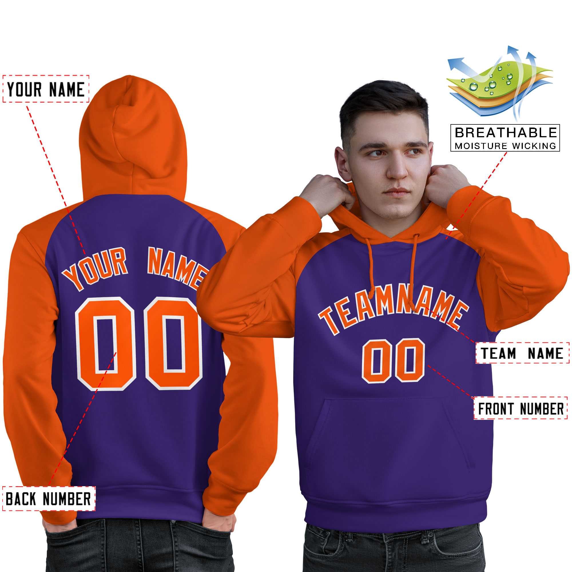 Custom Stitched Purple Orange Raglan Sleeves Sports Pullover Sweatshirt Hoodie For Men