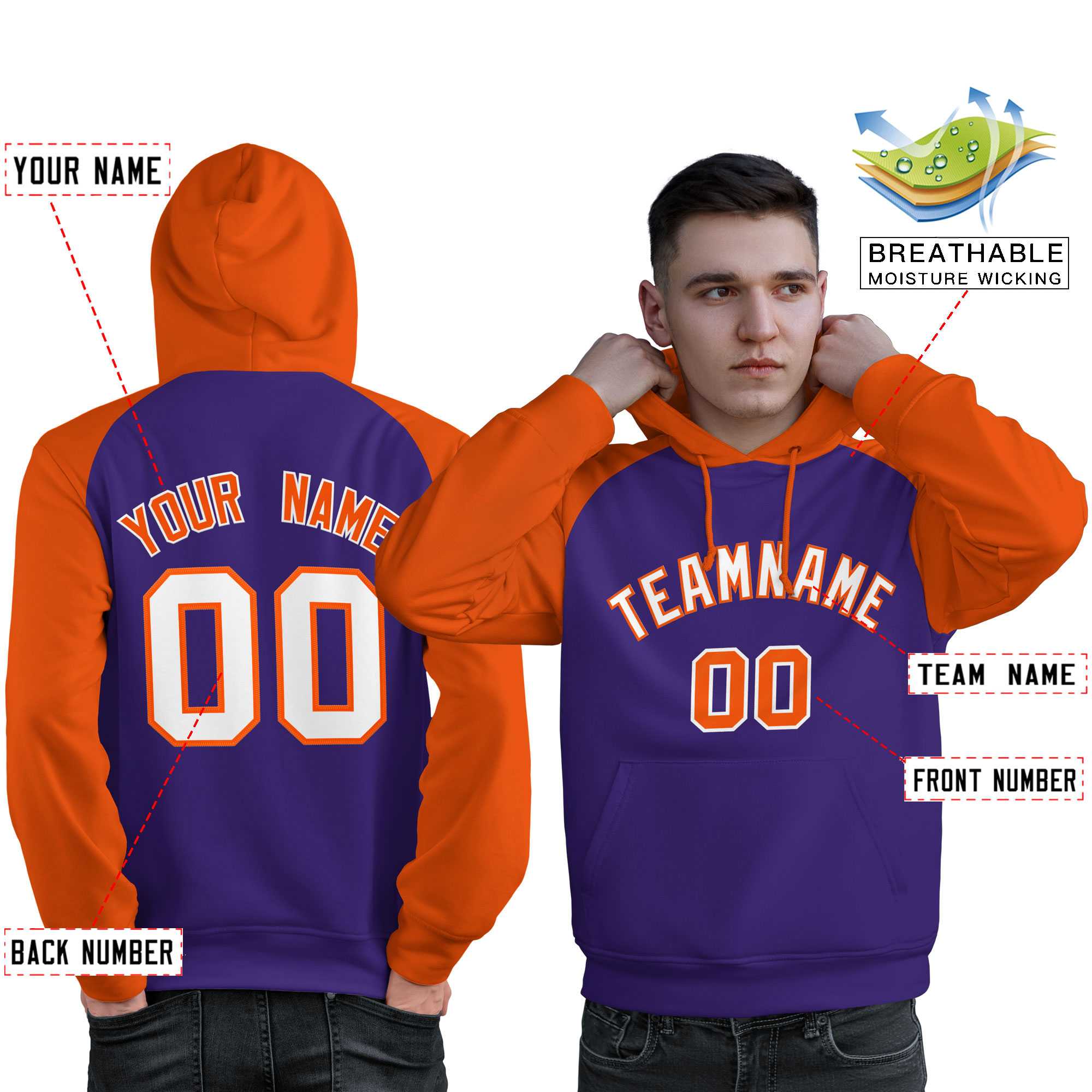 Custom Stitched Purple Orange-White Raglan Sleeves Sports Pullover Sweatshirt Hoodie For Men