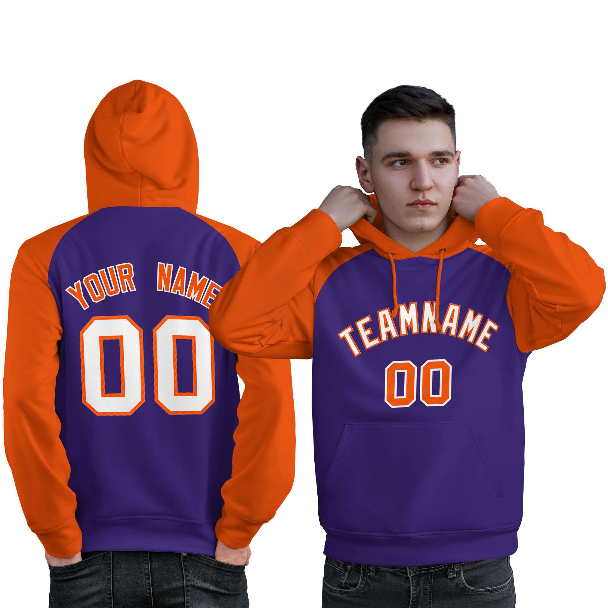 Custom Stitched Purple Orange-White Raglan Sleeves Sports Pullover Sweatshirt Hoodie For Men