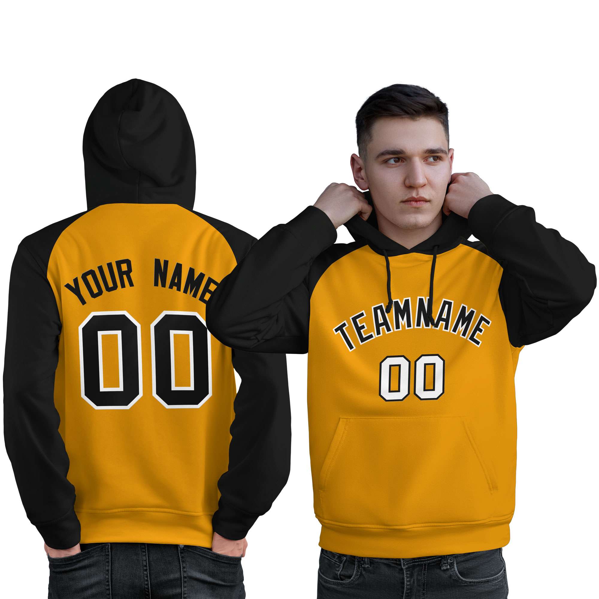 Custom Stitched Gold Black Raglan Sleeves Sports Pullover Sweatshirt Hoodie For Men