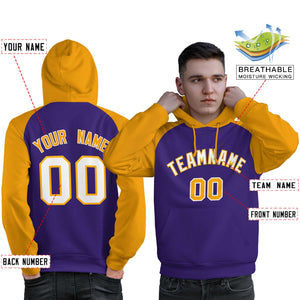 Custom Stitched Purple Gold-White Raglan Sleeves Sports Pullover Sweatshirt Hoodie For Men