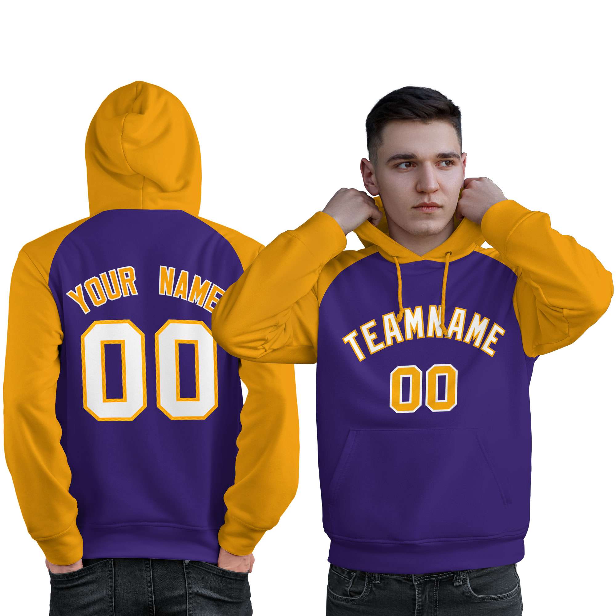 Custom Stitched Purple Gold-White Raglan Sleeves Sports Pullover Sweatshirt Hoodie For Men