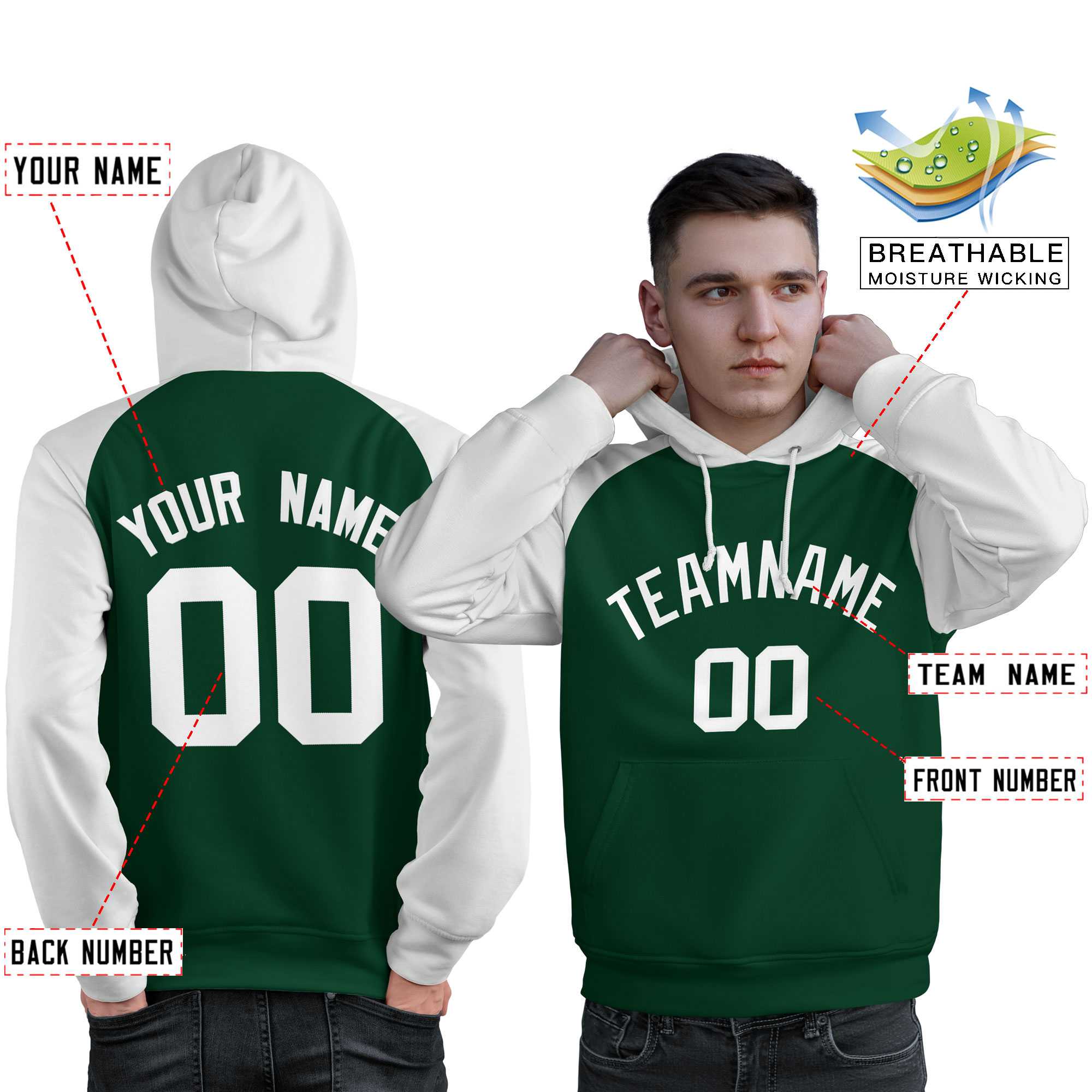 Custom Stitched Green White Raglan Sleeves Sports Pullover Sweatshirt Hoodie For Men