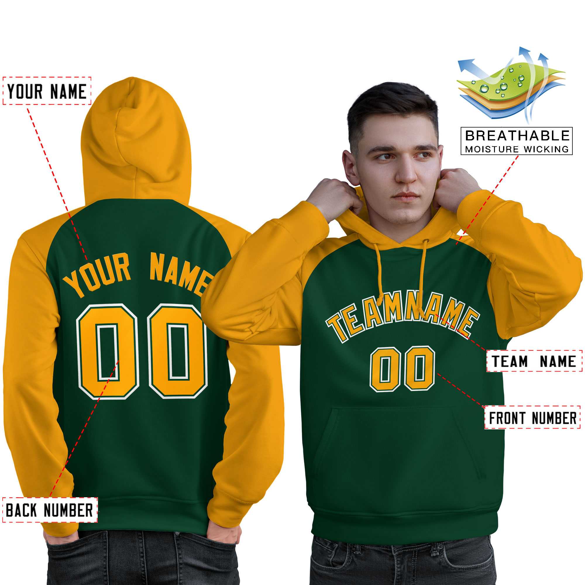 Custom Stitched Green Gold Raglan Sleeves Sports Pullover Sweatshirt Hoodie For Men