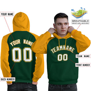 Custom Stitched Green Gold-White Raglan Sleeves Sports Pullover Sweatshirt Hoodie For Men