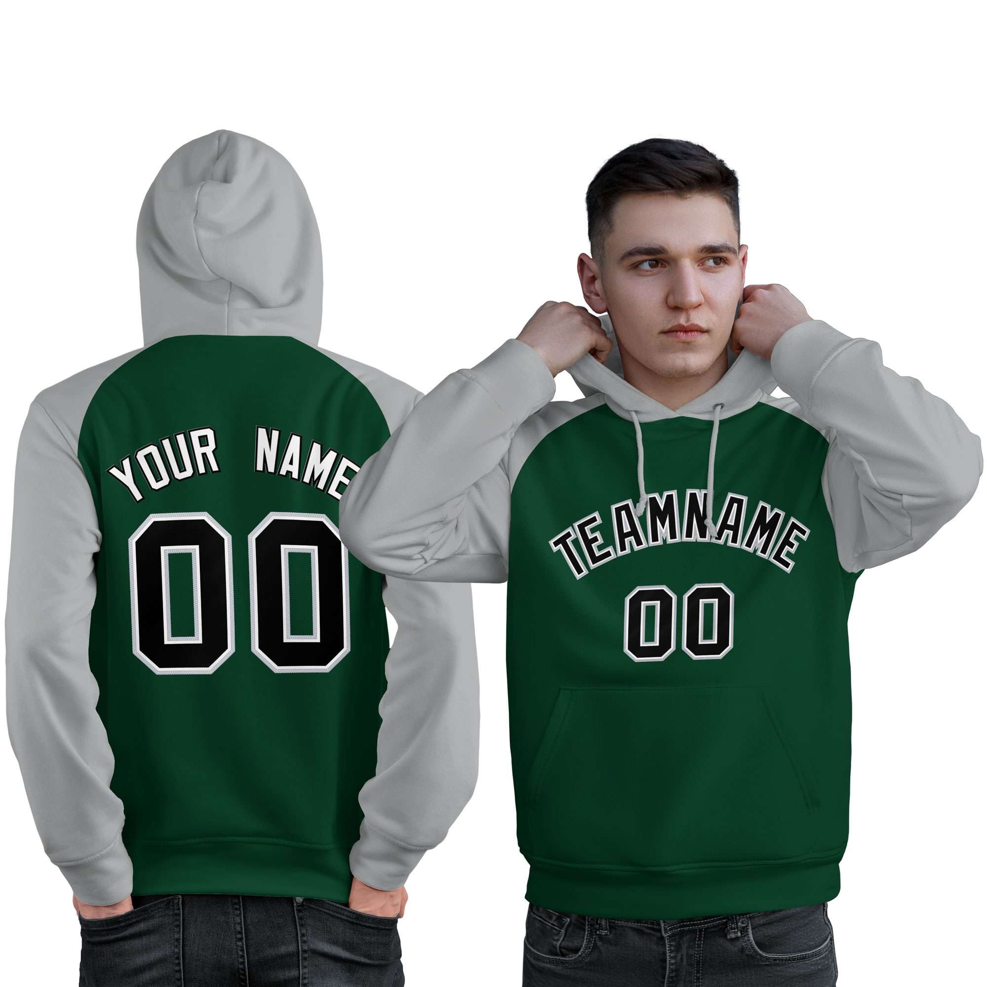 Custom Stitched Green Gray-Black Raglan Sleeves Sports Pullover Sweatshirt Hoodie For Men