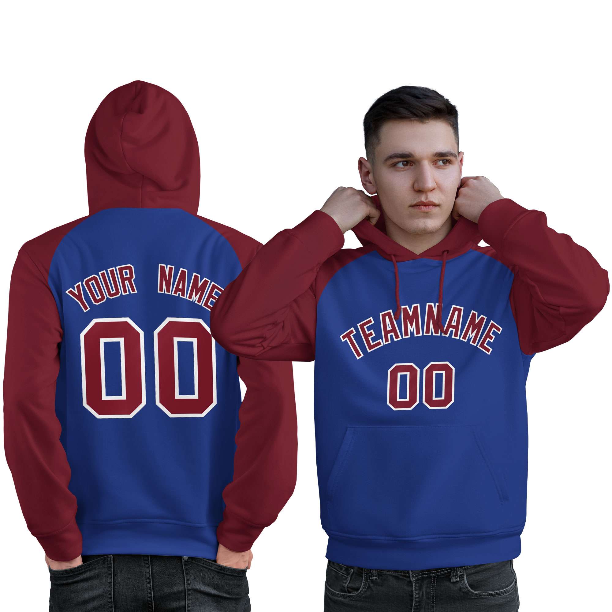 Custom Stitched Royal Crimson Raglan Sleeves Sports Pullover Sweatshirt Hoodie For Men