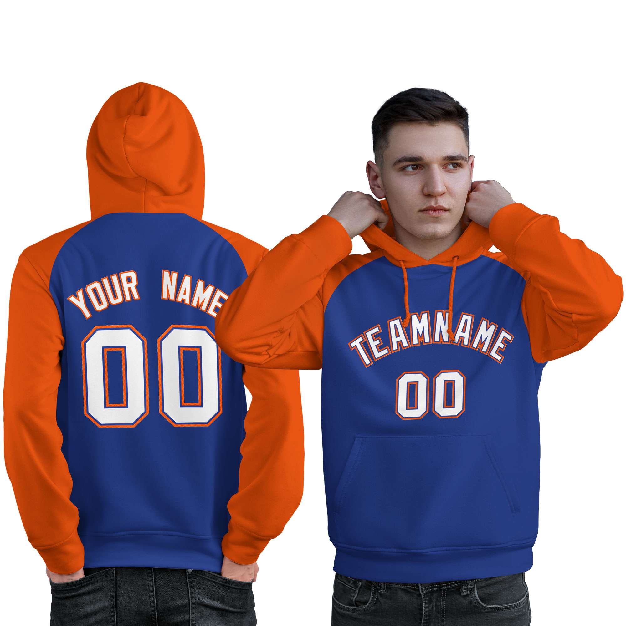 Custom Stitched Royal Orange-White Raglan Sleeves Sports Pullover Sweatshirt Hoodie For Men