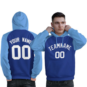 Custom Stitched Royal Powder Blue-White Raglan Sleeves Sports Pullover Sweatshirt Hoodie For Men