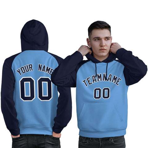 Custom Stitched Powder Blue Navy Raglan Sleeves Sports Pullover Sweatshirt Hoodie For Men